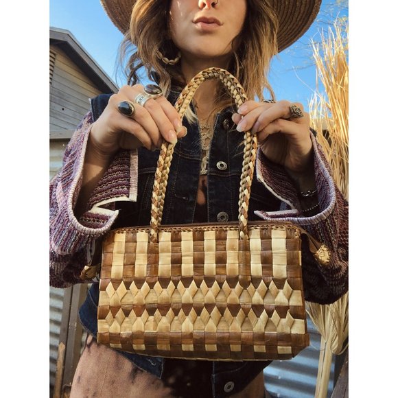 SOLD Woven Rattan Tan & Brown Mini Summer Bag - Picture 8 of 13